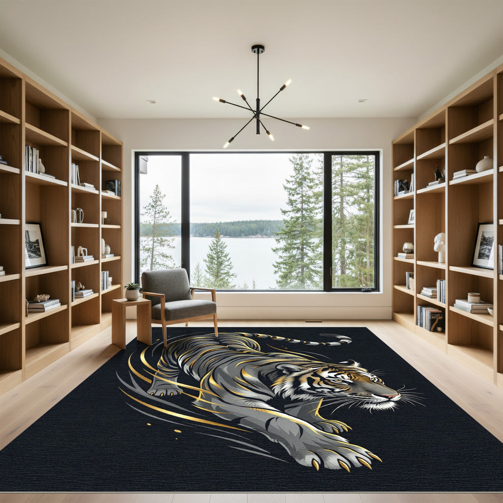 Golden Slashing Tiger Charcoal Abstract Art Rug