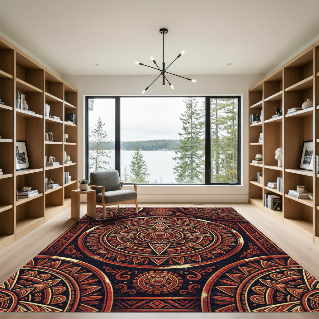 Crimson Sun Mandala Medallion Rug
