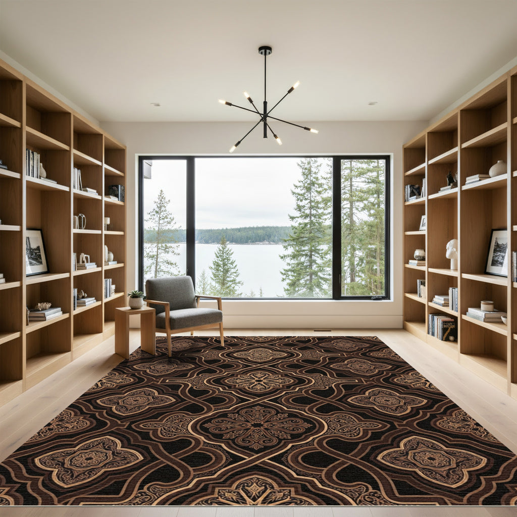 Elegant Bronze Damask Arabesque Scroll Rug
