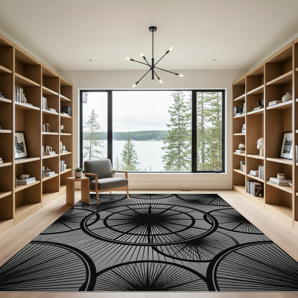 Modern Monochrome Radial Burst Circular Rug