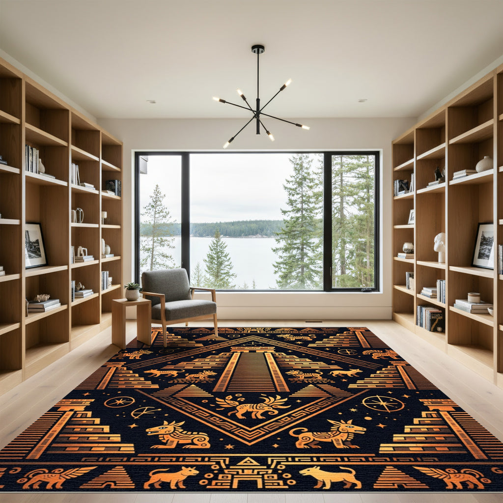 Golden Aztec Pyramid Ancient Temple Illustration Rug