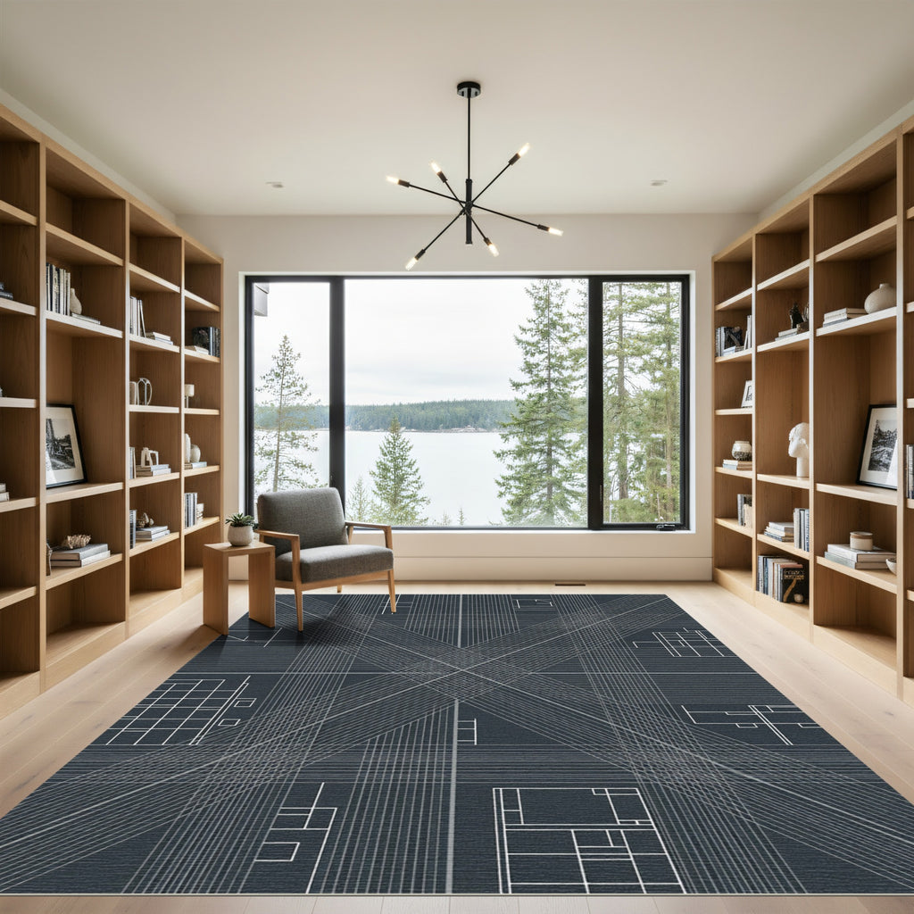 Modern Gray White Geometric Grid Rug