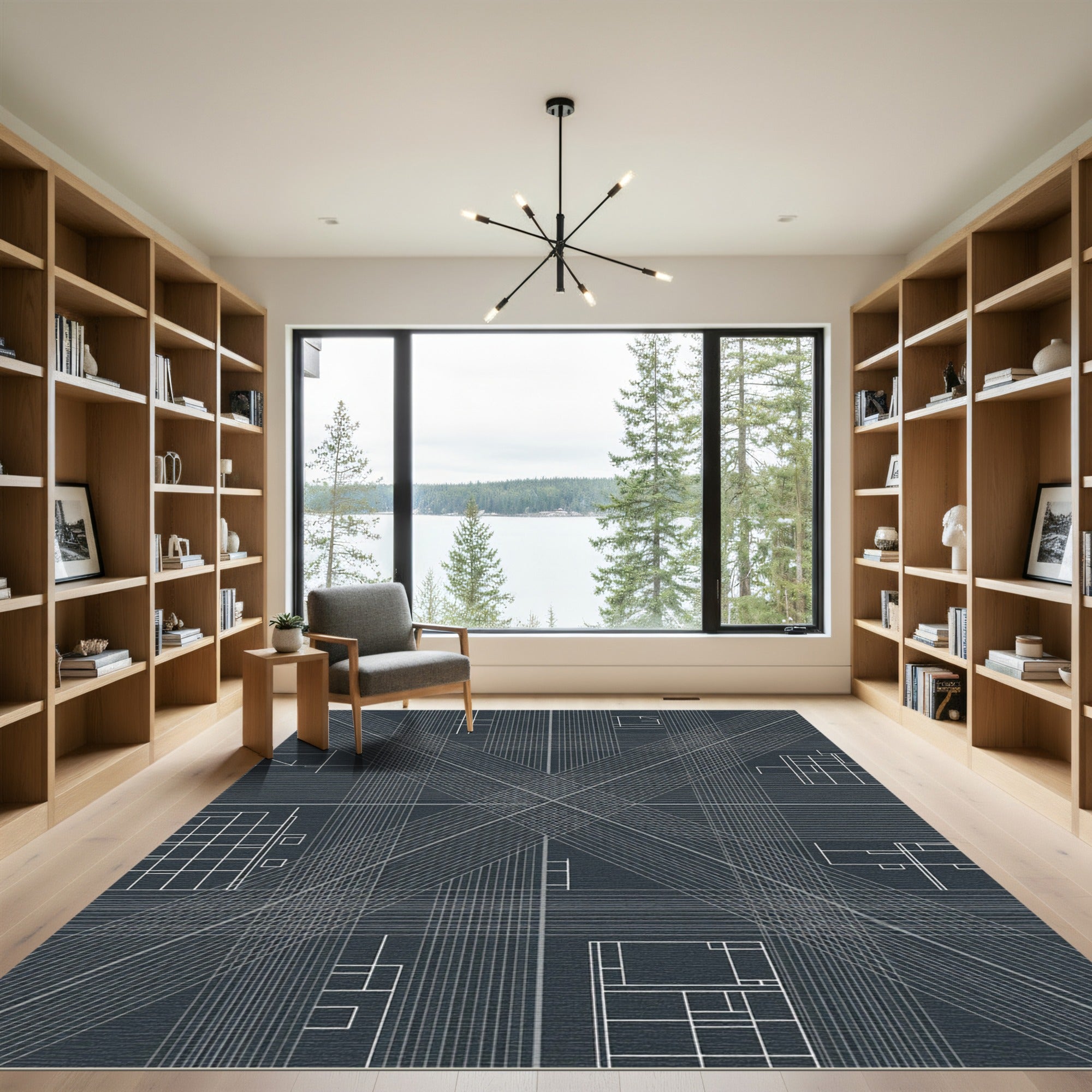 Modern Gray White Geometric Grid Rug