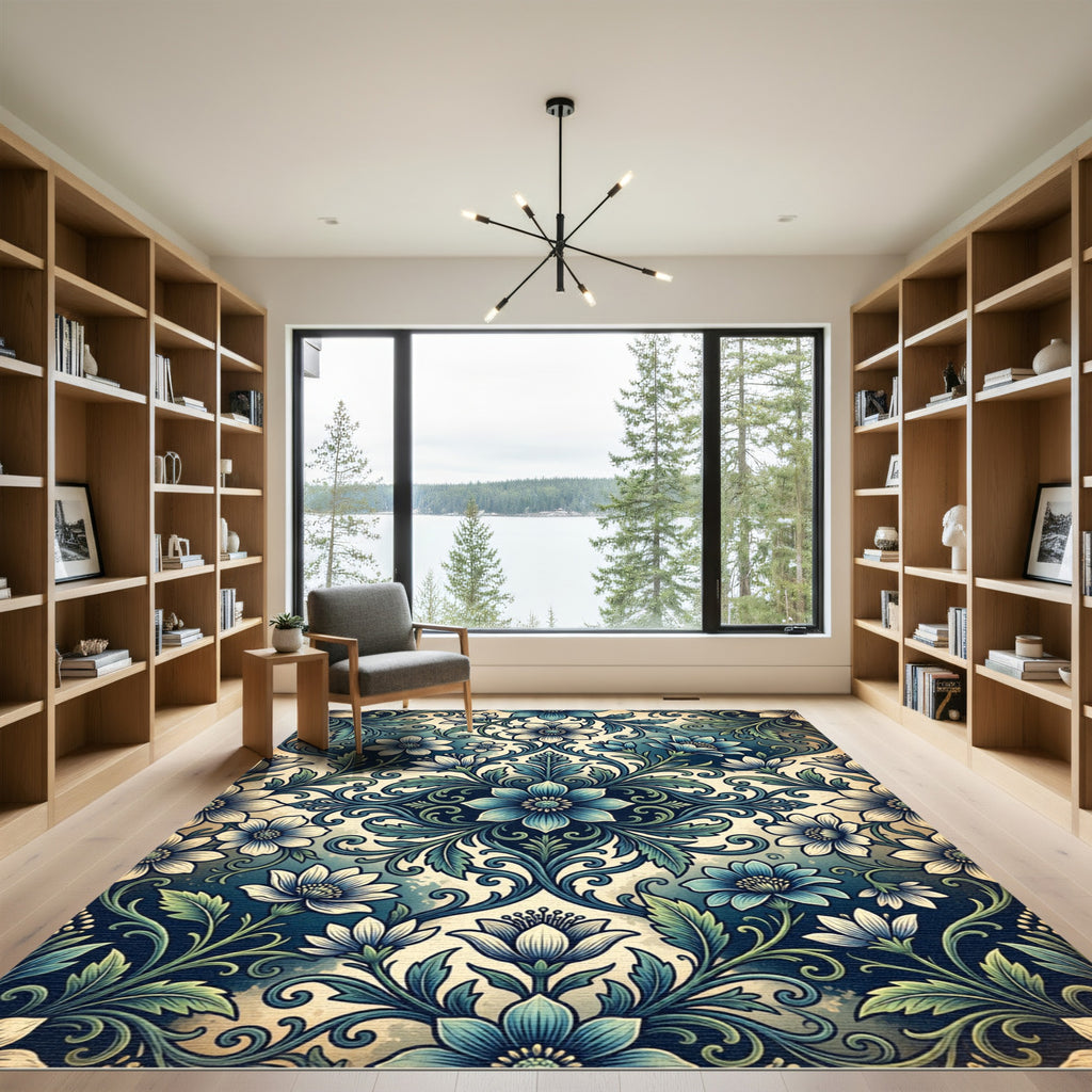 Deep Blue Floral Scrolling Acanthus Rug