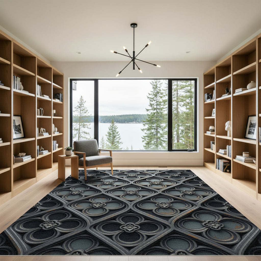Gothic Charcoal Quatrefoil Diamond Medallion Rug