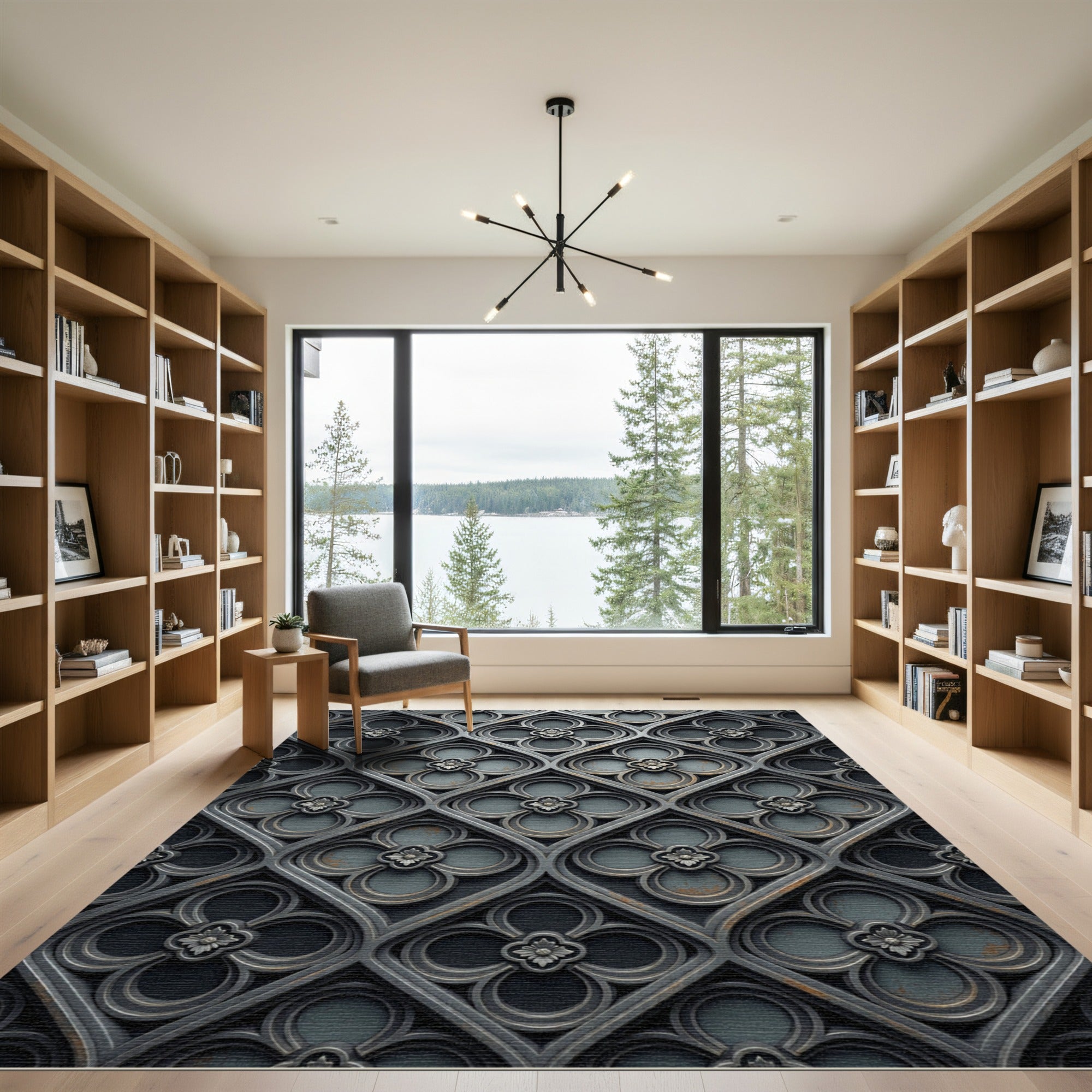 Gothic Charcoal Quatrefoil Diamond Medallion Rug