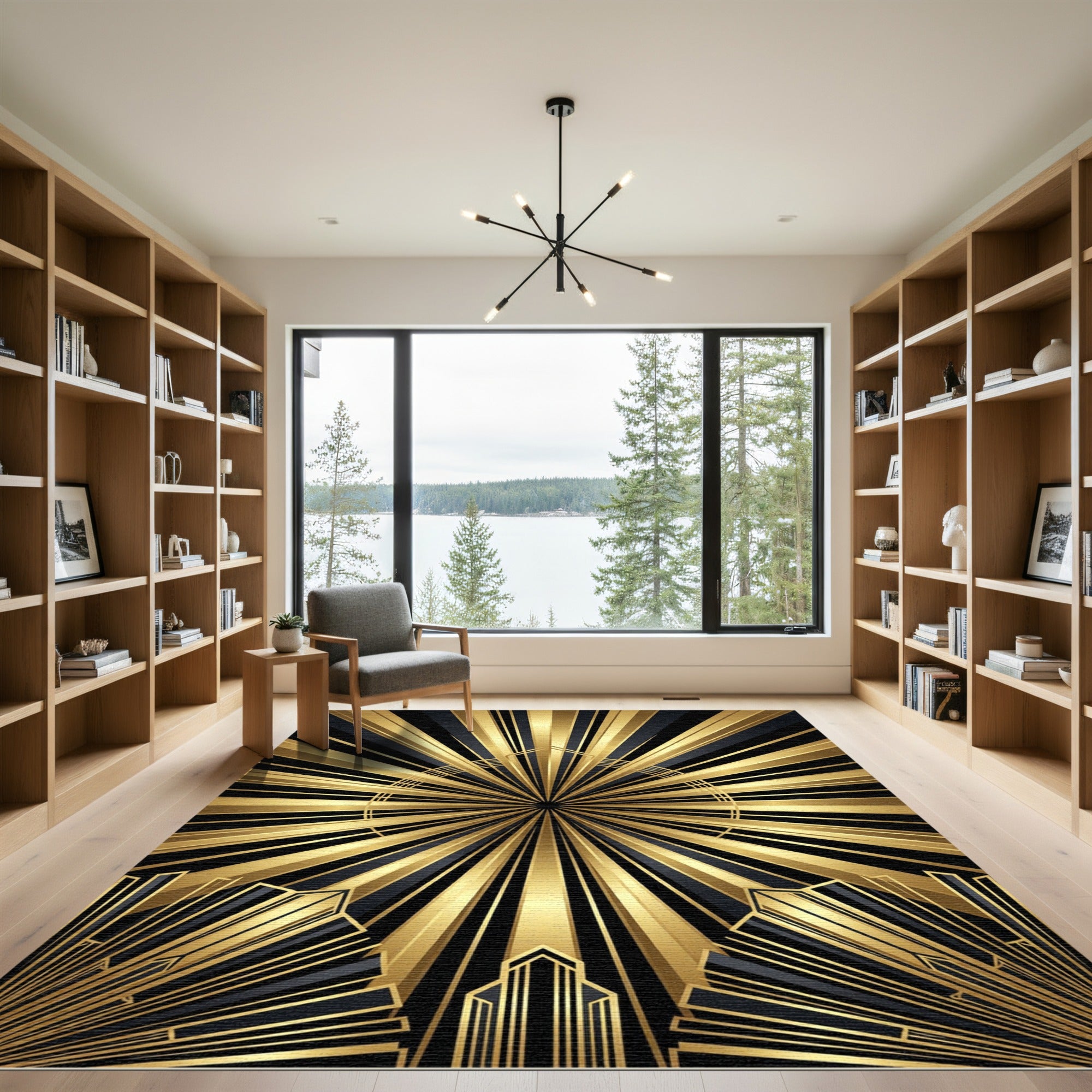 Radiant Gold Black Art Deco Sunburst Rug
