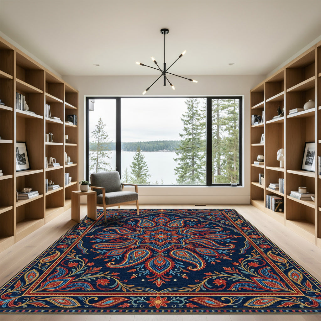 Rich Crimson Blue Paisley Medallion Rug