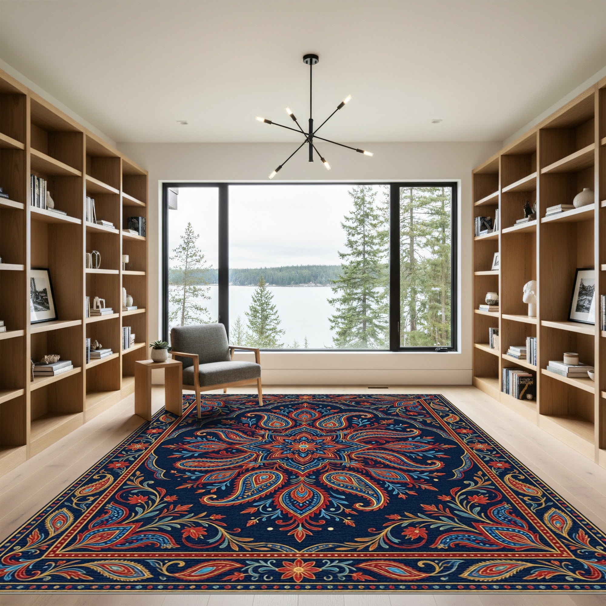 Rich Crimson Blue Paisley Medallion Rug