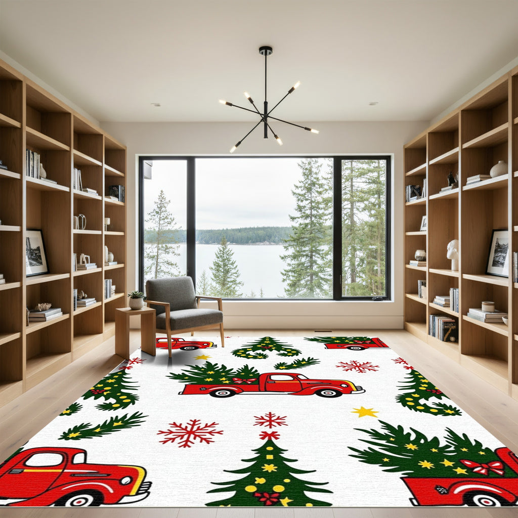 Red Vintage Truck Christmas Tree Snowflakes Rug