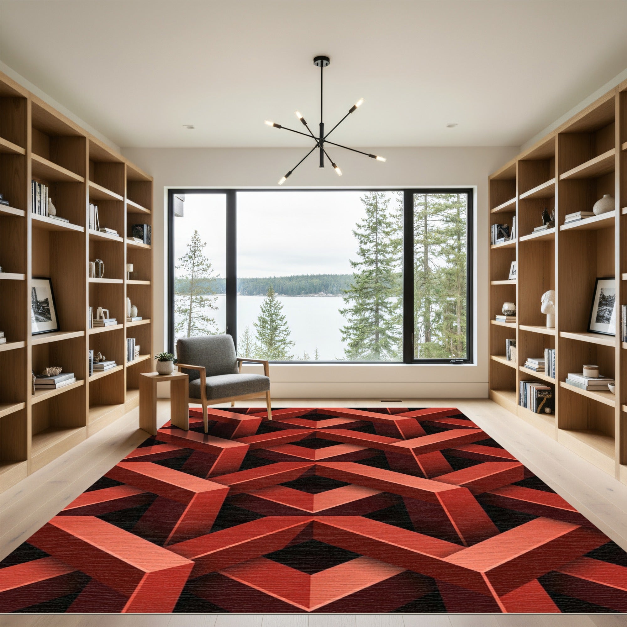 Crimson Interlocking Illusion Cubes Rug