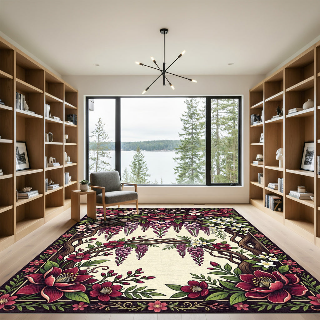 Crimson Floral Arc Wisteria Bloom Rug