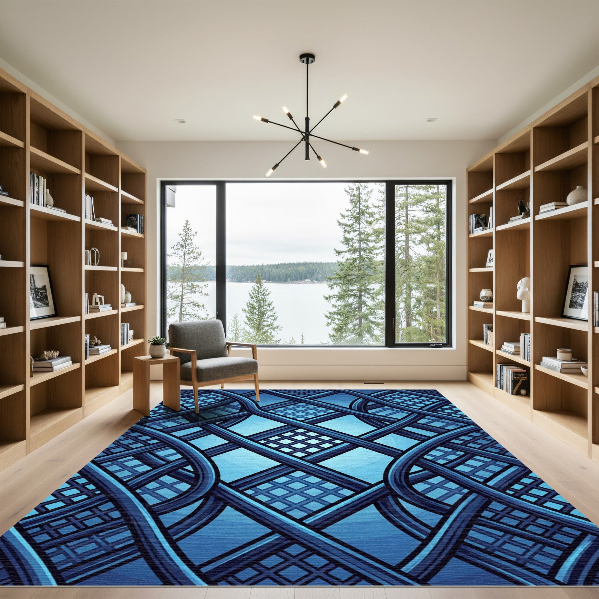 Azure Interwoven Grid Abstract Geometric Rug