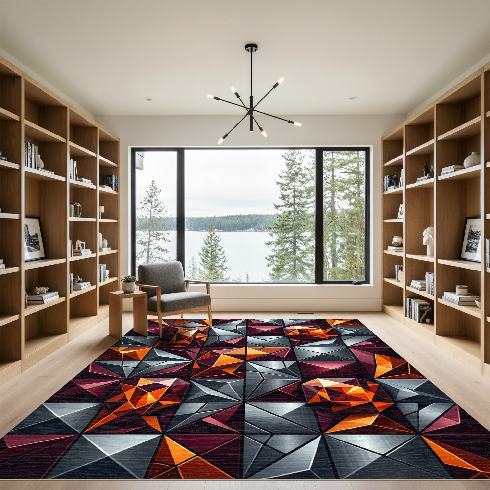 Vibrant Orange Geometric Crystal Facets Rug