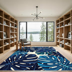 Deep Blue Tropical Monstera Leaves Rug