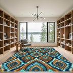 Teal Blue Gold Ikat Leaf Tile Rug