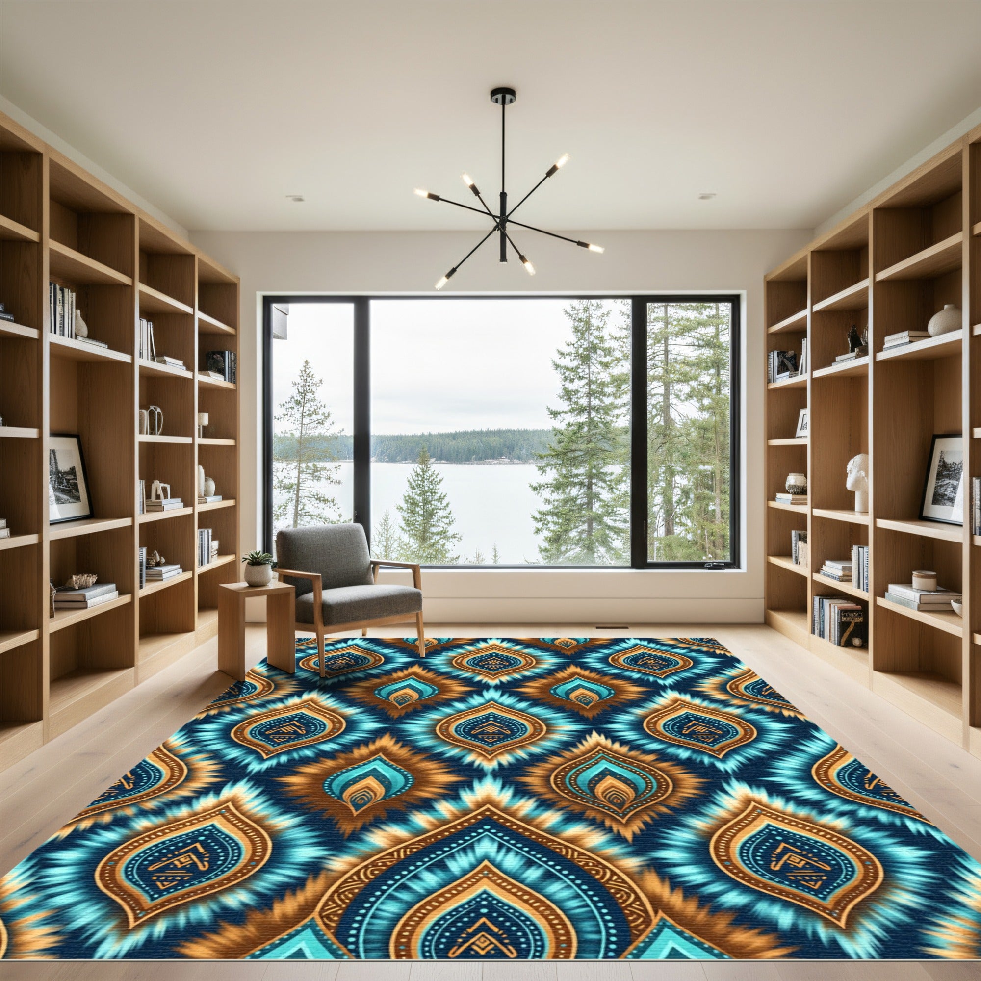 Teal Blue Gold Ikat Leaf Tile Rug