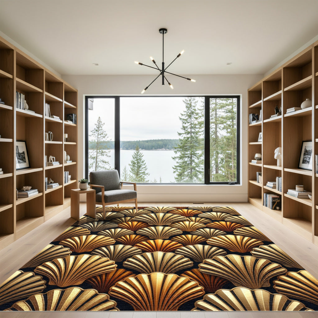 Golden Art Deco Shell Scallop Rug
