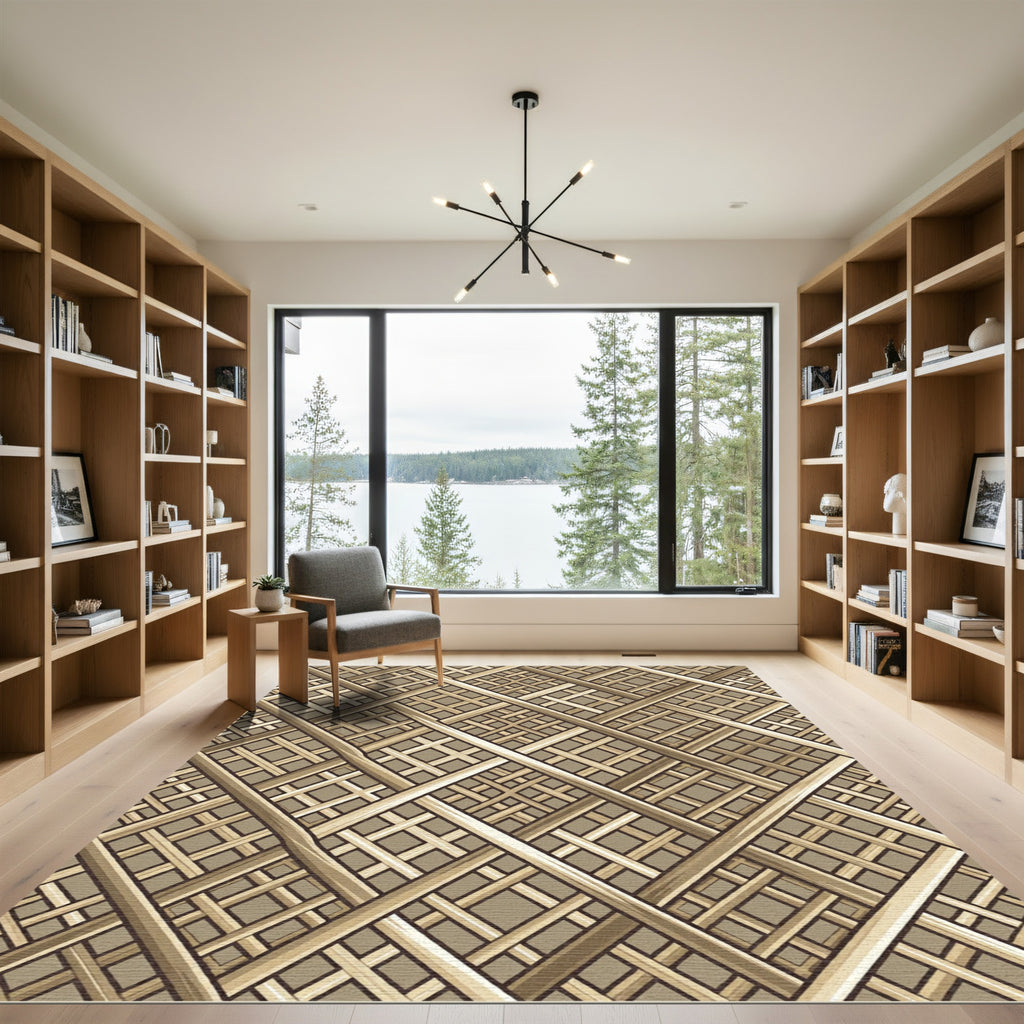Beige Lattice Intersecting Golden Grid Rug