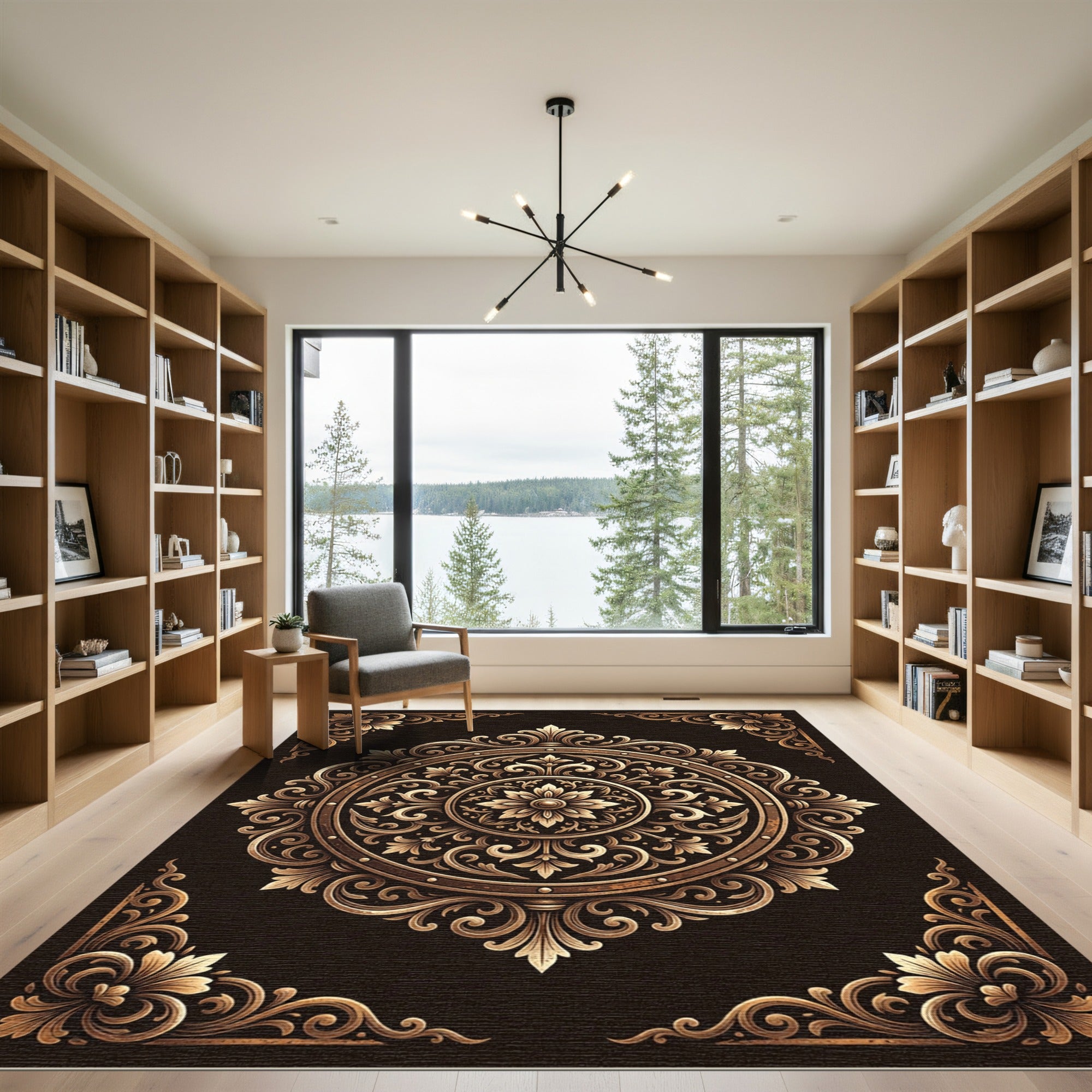 Ornate Gold Floral Medallion Scroll Rug