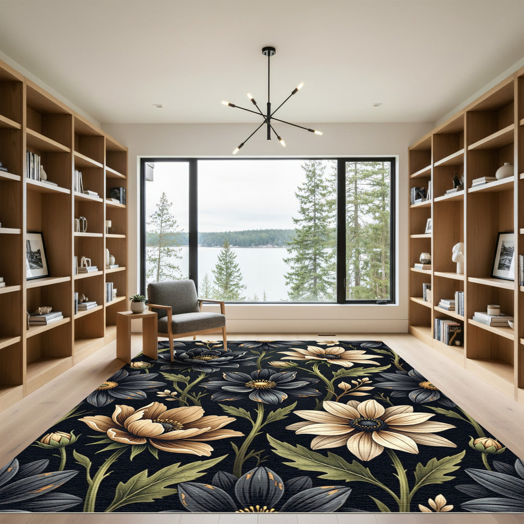 Dark Florals Cream Accents Botanical Rug