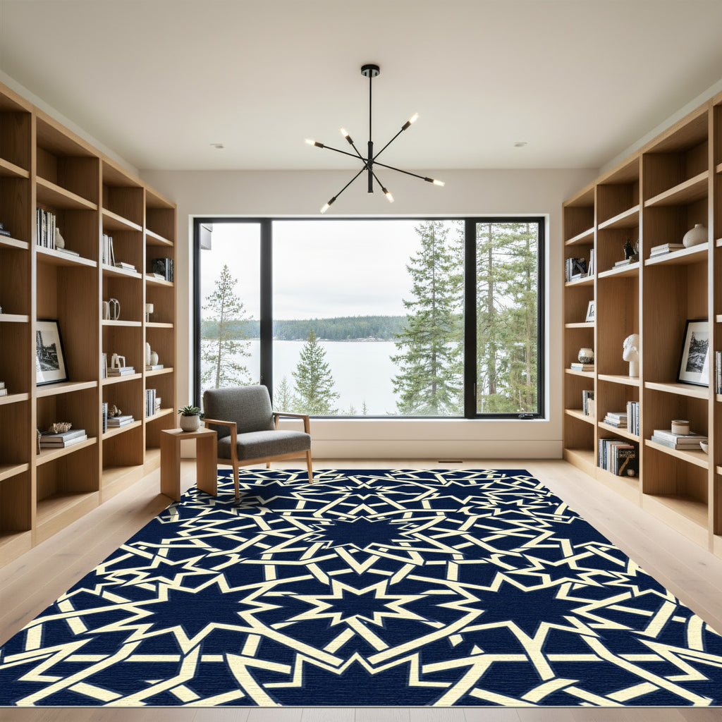 Navy Geometric Star Interlocking Lattice Rug