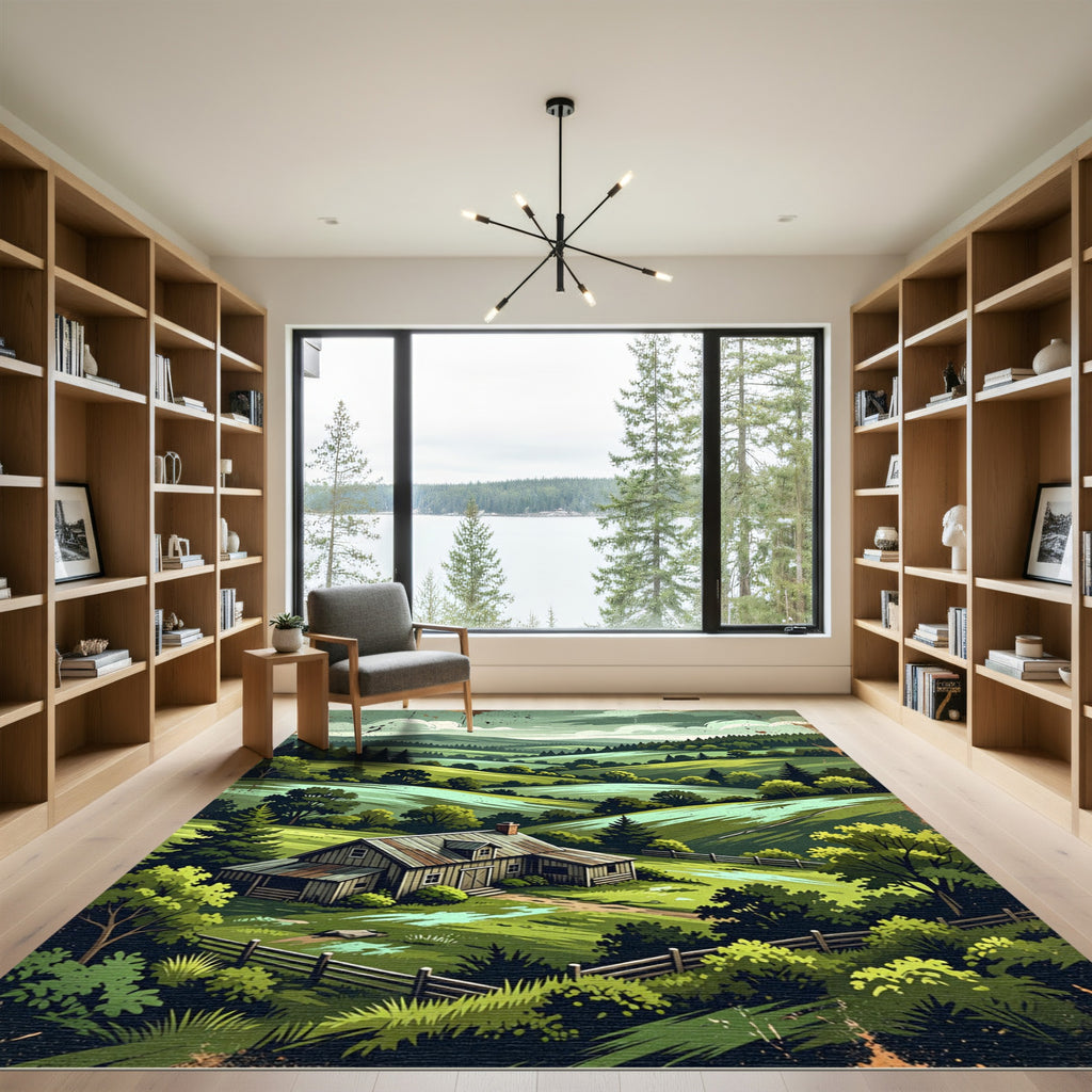 Rustic Green Rolling Hills Landscape Rug