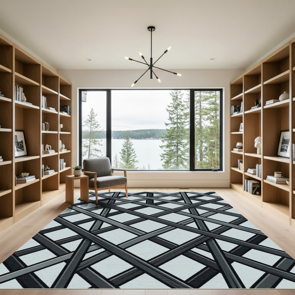 Charcoal Intersecting Slanted Geometric Lines Rug