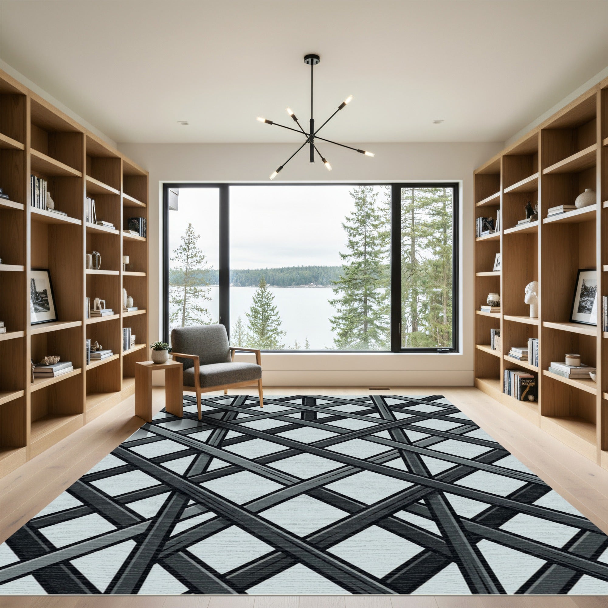 Charcoal Intersecting Slanted Geometric Lines Rug