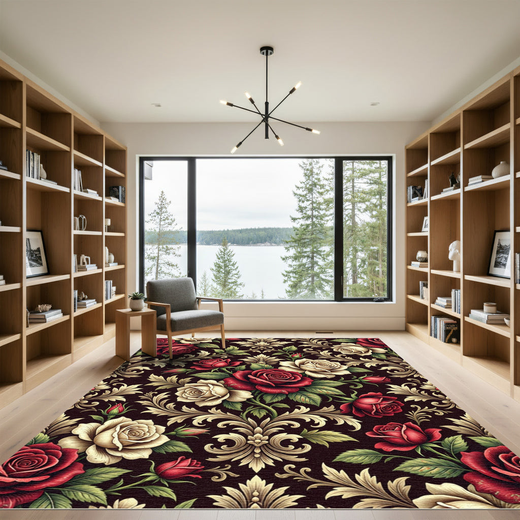 Ornate Red and Cream Rose Scrollwork Rug