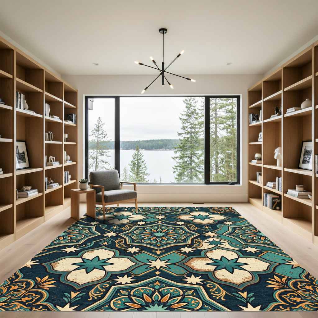 Ornate Teal Golden Medallion Tapestry Rug