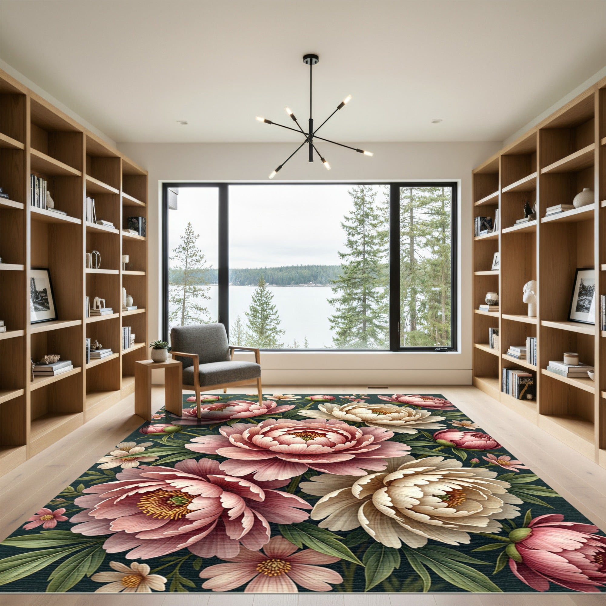 Elegant Blush Peony Botanical Illustration Rug