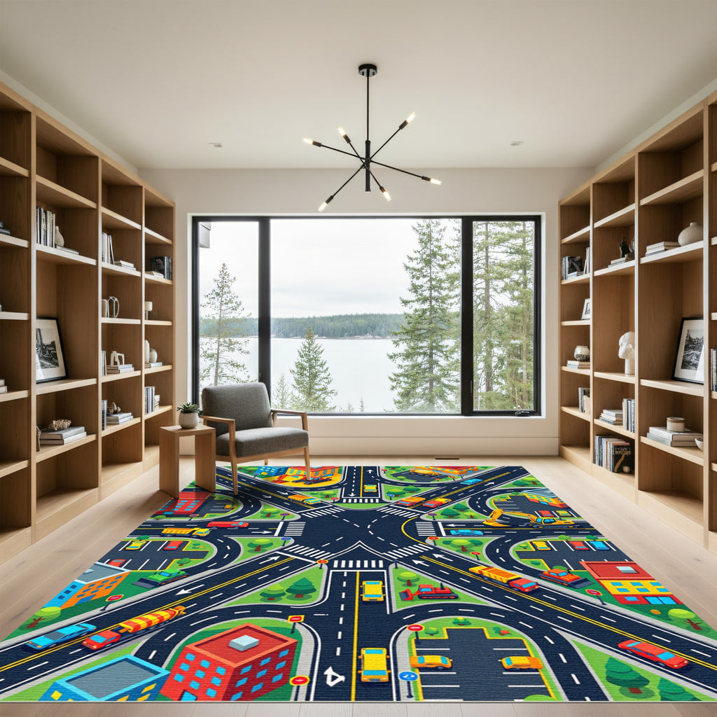 Vibrant Isometric City Traffic Map Rug