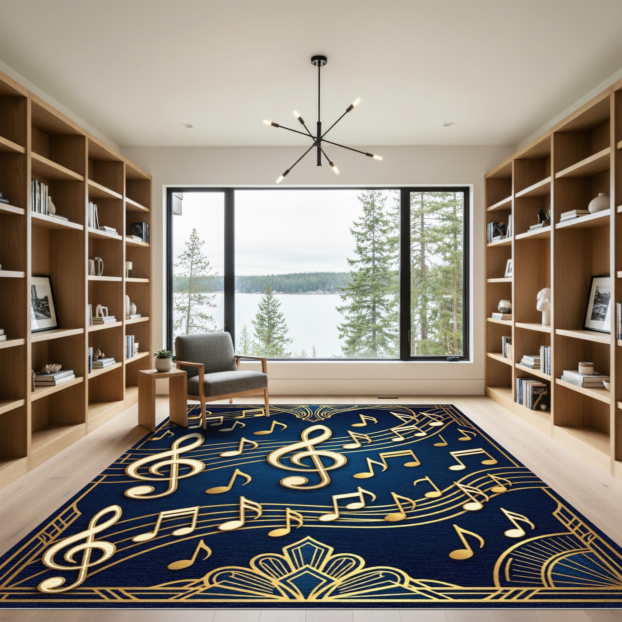Art Deco Golden Musical Note Navy Rug