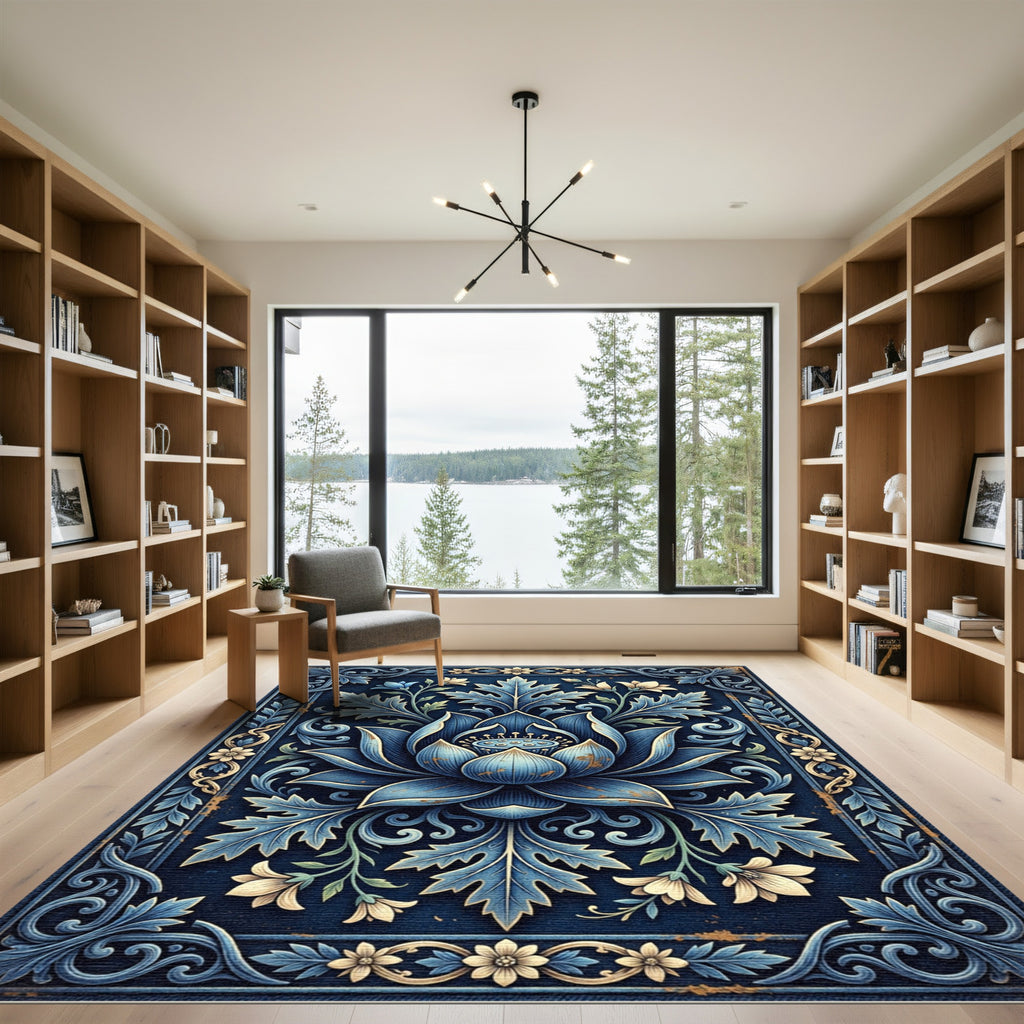 Ornate Navy Lotus Botanical Scroll Rug