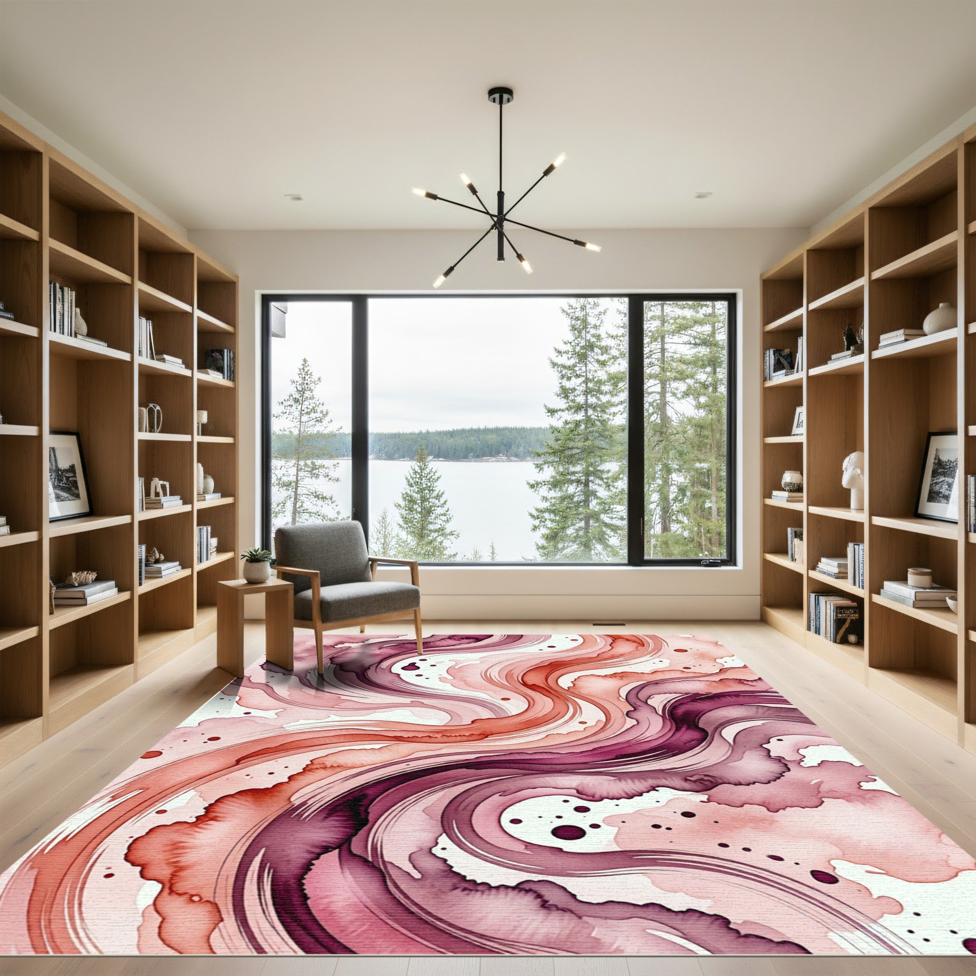Swirling Burgundy and Coral Abstract Wave Rug