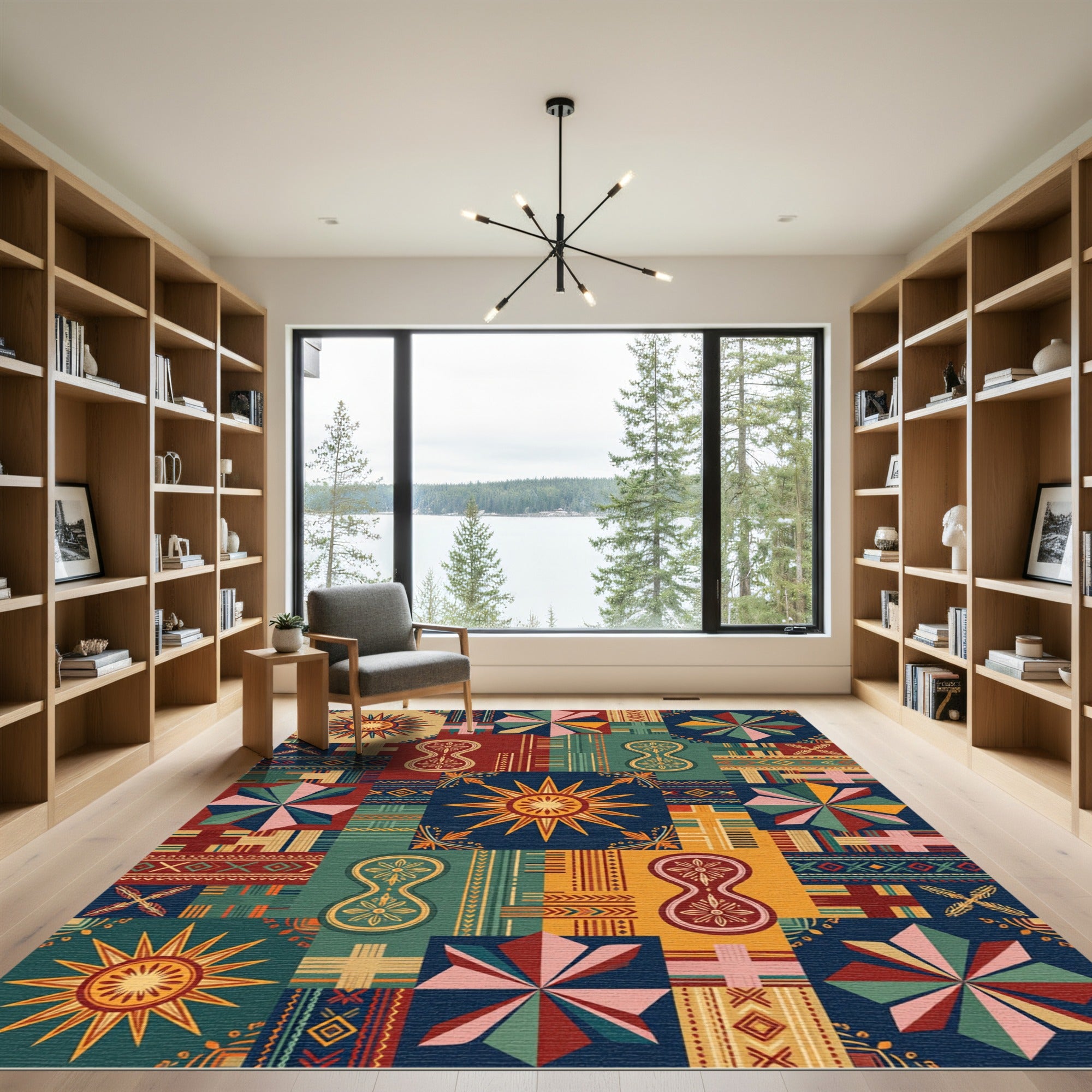 Geometric Sunburst Sundial Patchwork Rug