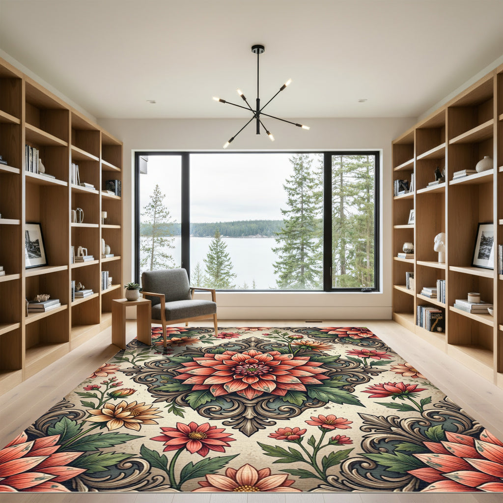 Vintage Peach Floral Damask Medallion Rug