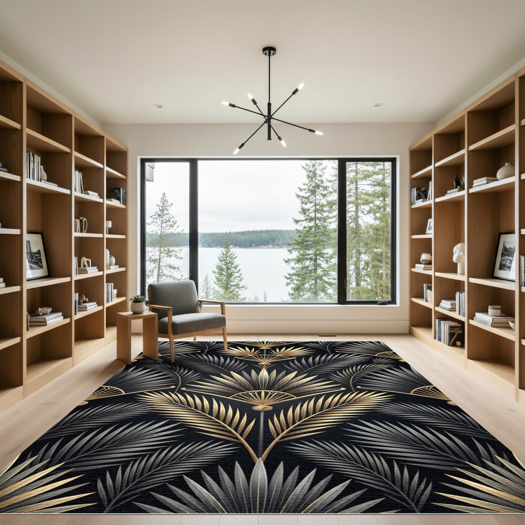 Art Deco Gold and Black Palm Rug