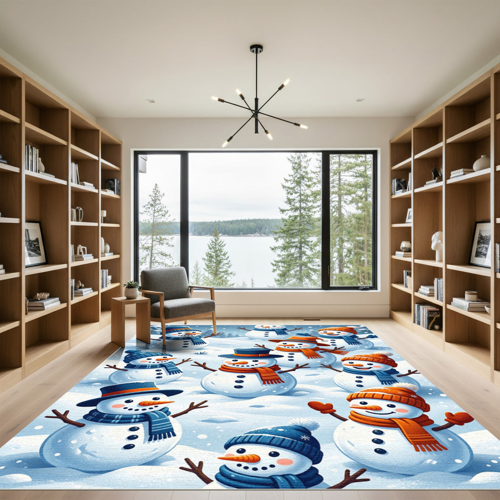 Joyful Snowmen Frolicking Winter Scene Rug