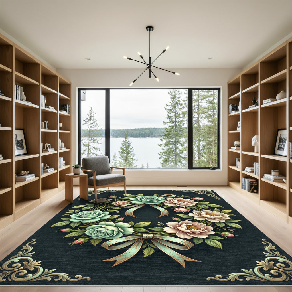 Elegant Teal and Cream Rose Wreath Rug