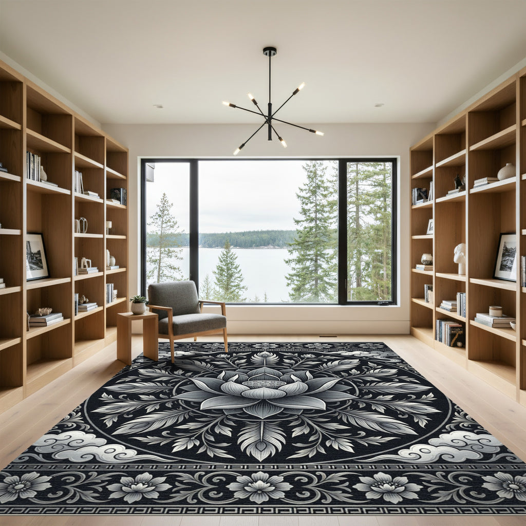 Ornate Silver Lotus Cloud Mandala Rug
