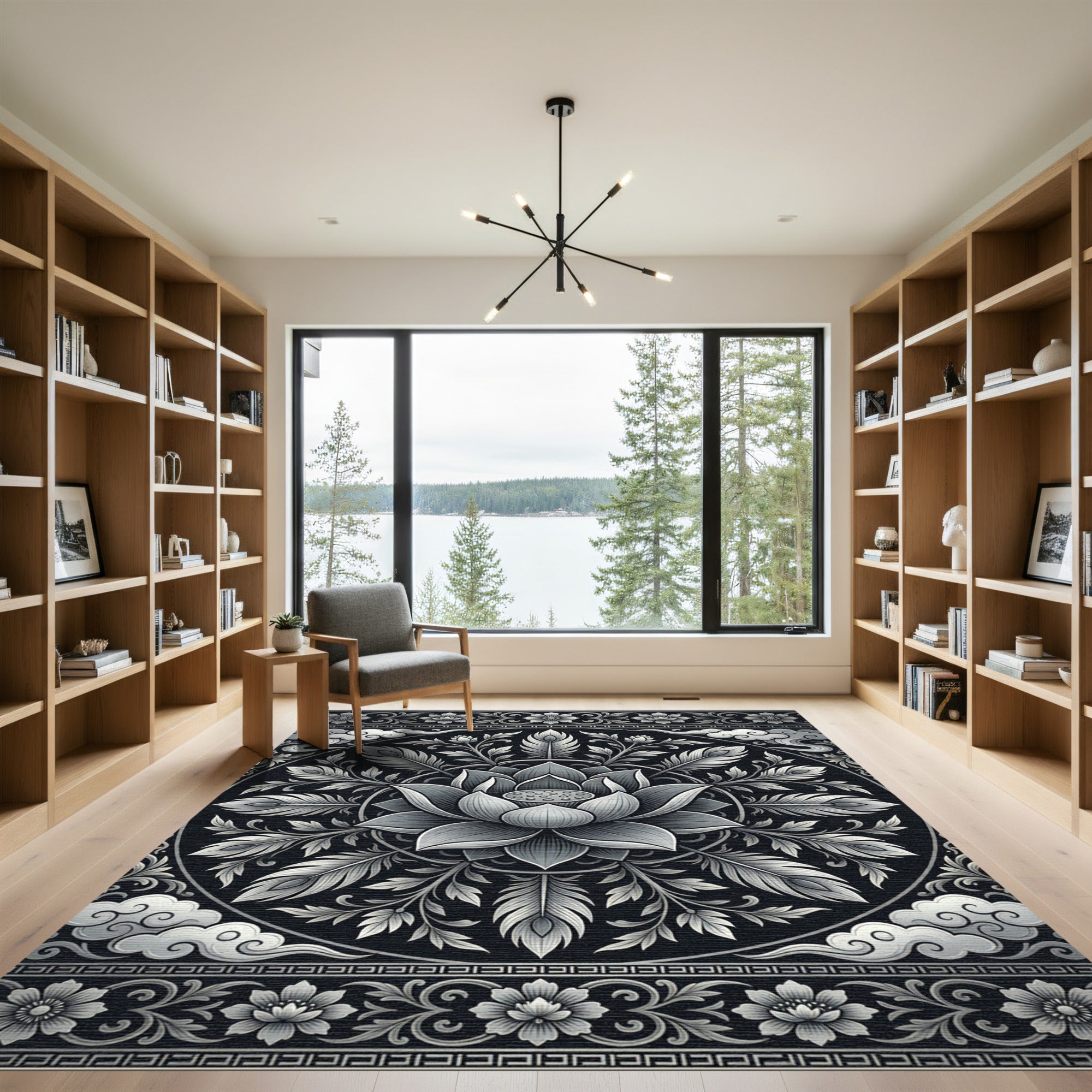 Ornate Silver Lotus Cloud Mandala Rug