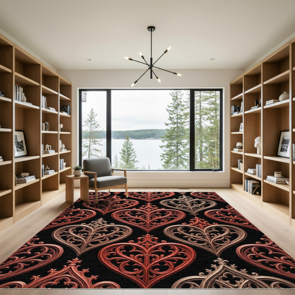 Gothic Heart Scrollwork Crimson Beige Rug