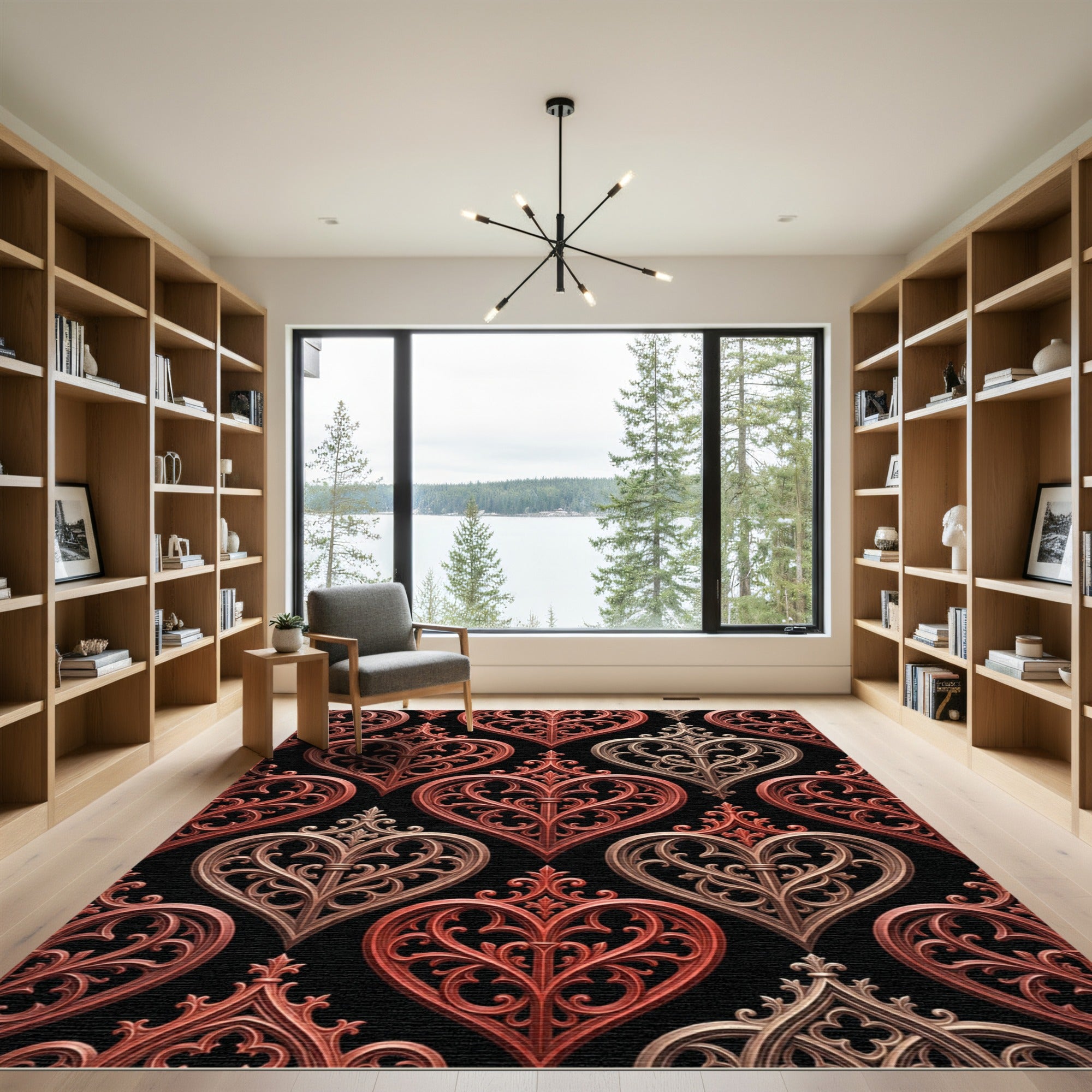Gothic Heart Scrollwork Crimson Beige Rug