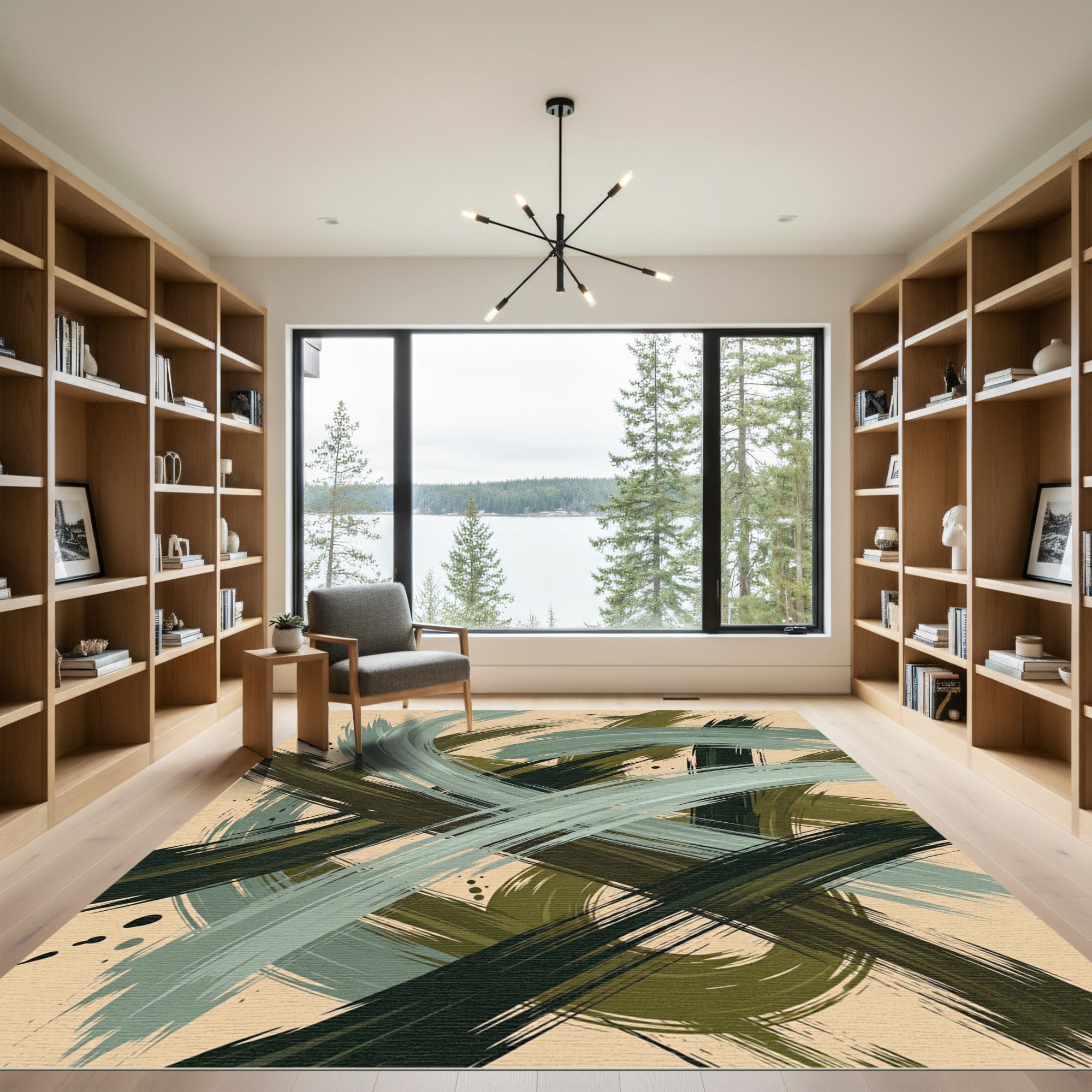 Abstract Olive Strokes Brushwork Rug
