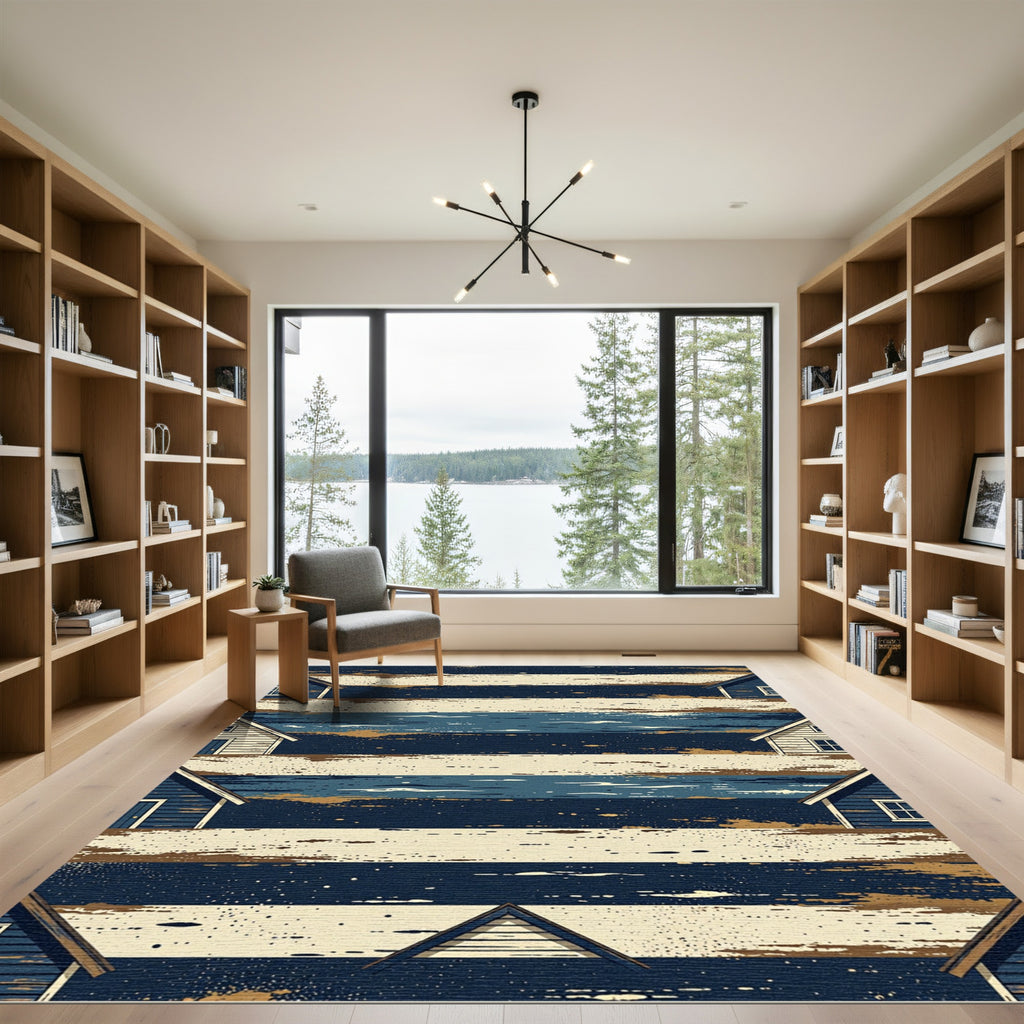 Abstract Navy and Cream Coastal House Stripe Rug