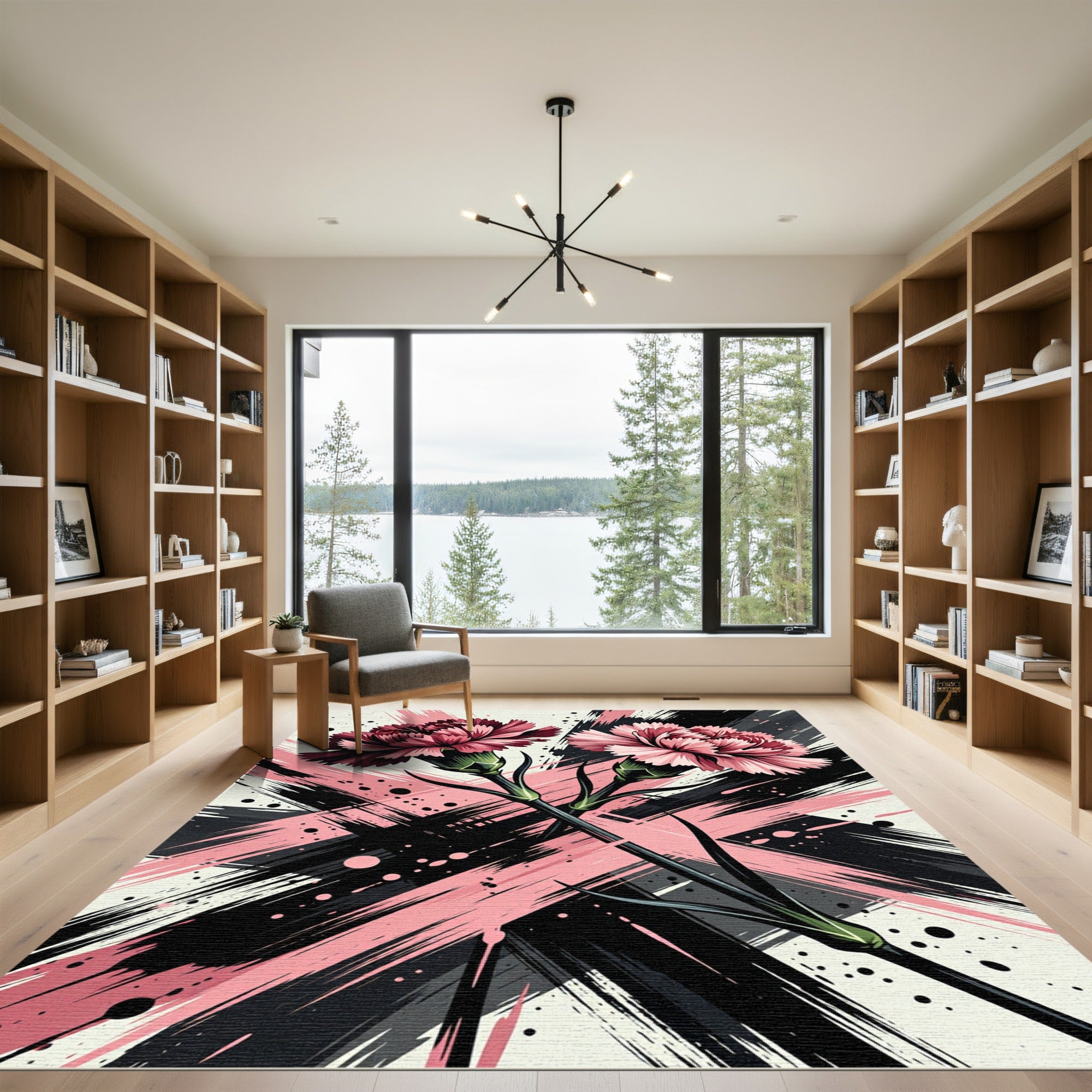 Abstract Carnation Pink and Black Brushstroke Rug