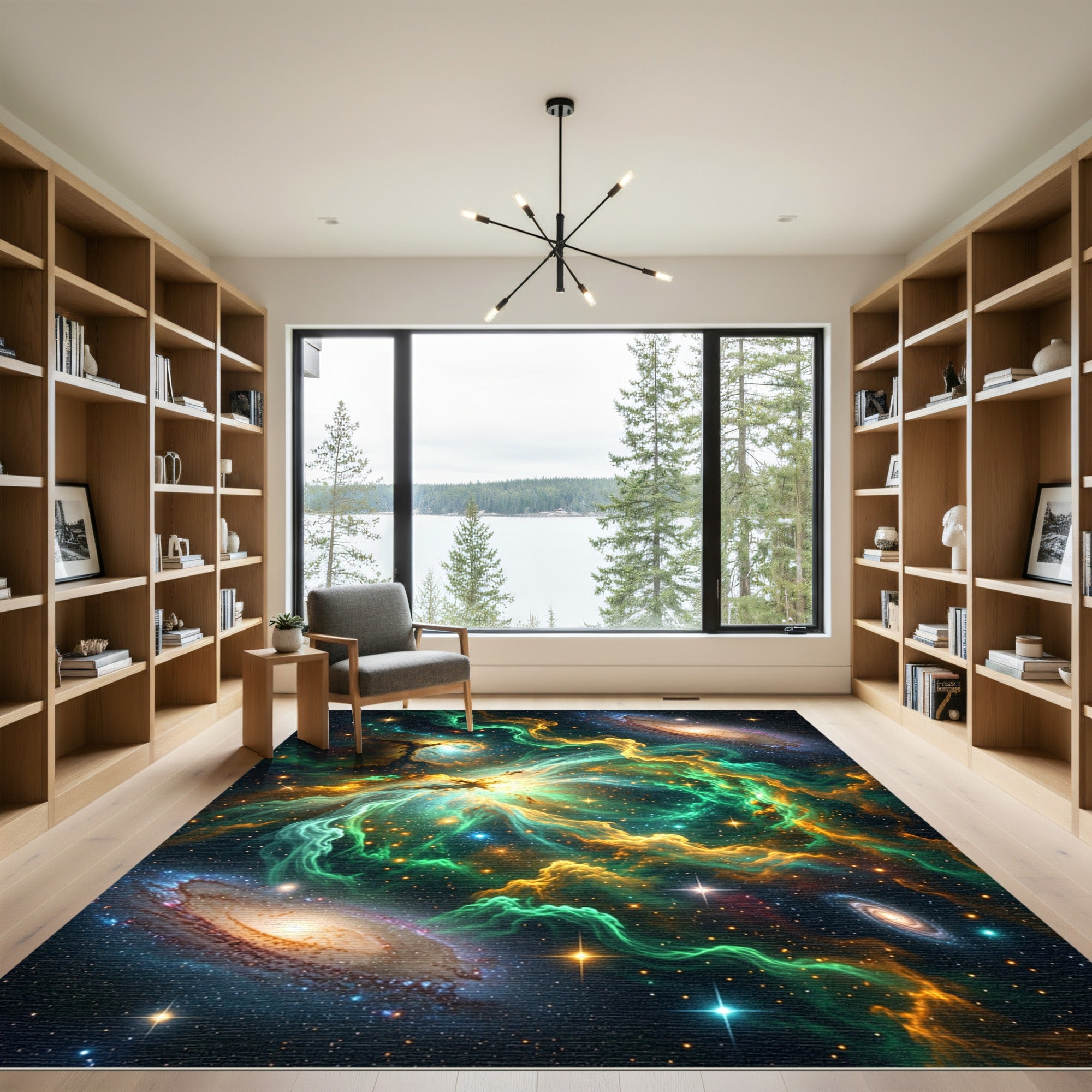 Stellar Nebula Swirl Gold Green Galaxy Rug