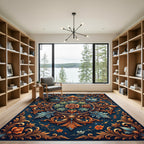 Ornate Teal Orange Floral Emblem Rug